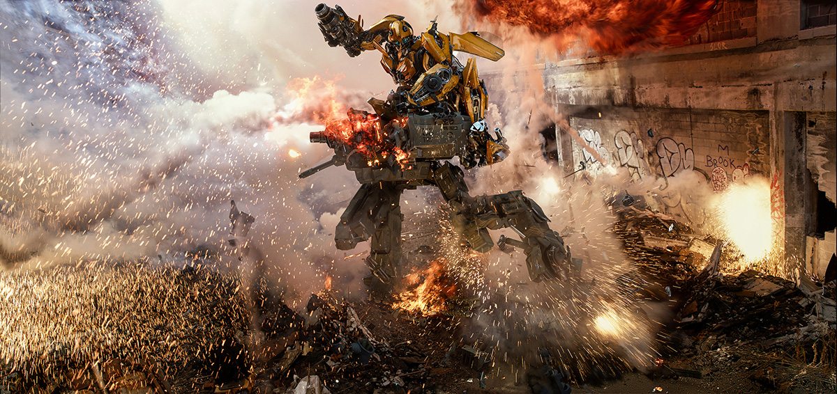 Bumblebee - in full humanoid form - in action against a Sentinel before showing off his disassembling trick.